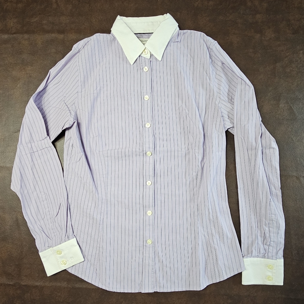 Banana Republic Non-Iron Tailored Purple w/ Blk/Wht Striped Women's Dress Shirt
